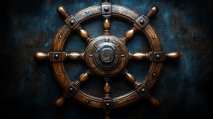 Naklejka premium A weathered, dark-stained wooden ship's helm with eight spokes and a metal hub, resting against a distressed, blue-grey backdrop.