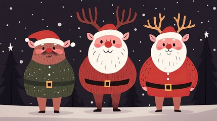 Three whimsical, cartoonish Santas stand together in a snowy landscape, adorned with festive attire and holiday cheer.