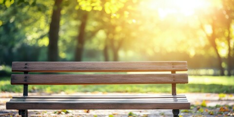 Sun-Kissed Park Bench Set Against a Blurred Green Background for Relaxation and Leisure Design