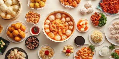 An array of delicious seafood and dumplings presented on a table, showcasing a variety of textures and vibrant colors.