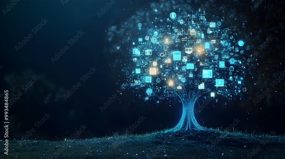 Poster glowing digital tree of business and technology concepts symbolizing innovation and growth