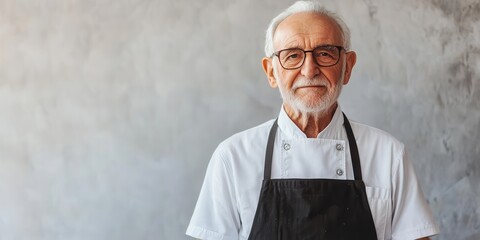 Cheerful elderly chef with glasses and white uniform, showcasing culinary pride against a textured gray background.