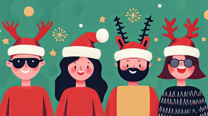A cheerful illustration of four friends wearing festive hats and reindeer antlers, celebrating Christmas with a joyful, colorful background.