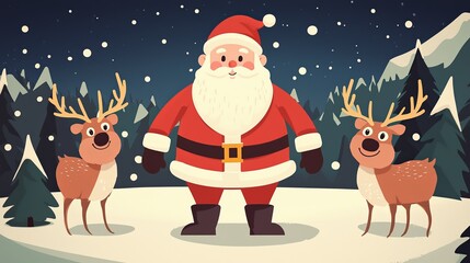 A festive winter scene featuring Santa Claus surrounded by two cheerful reindeer, amidst snow-covered mountains and trees.