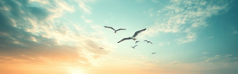 Seagulls Flying Against a Sunset Sky with Fluffy Clouds