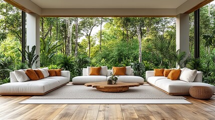 Fototapeta premium Modern living room with large windows overlooking a lush green forest, featuring white modular sofas, orange throw pillows, a wooden coffee table, and a woven wicker stool.