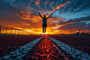 Triumphant athlete crossing the finish line at sunset on a running track