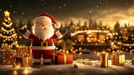 A cheerful Santa Claus figurine stands amidst festive gifts, with a beautifully lit Christmas tree and snowy background.