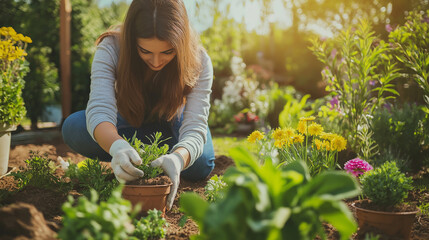 Woman Planting in Sunlit Garden Surrounded by Colorful Flowers
