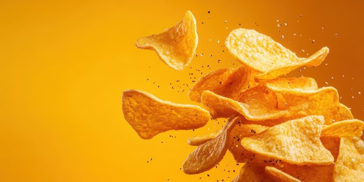 Crispy potato chips flying against a vibrant yellow background, capturing the essence of snack time indulgence and flavor.