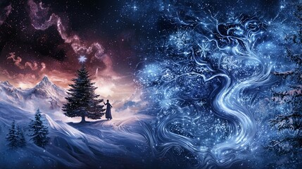 Obraz premium A mystical winter scene featuring a snow-covered landscape with a Christmas tree and a dazzling blue, swirling design resembling energy or a dragon.
