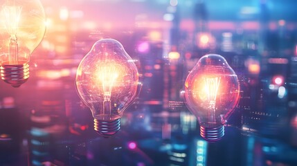 Innovative Lightbulbs Floating Above Abstract Business City,Symbolizing Creativity and Urban