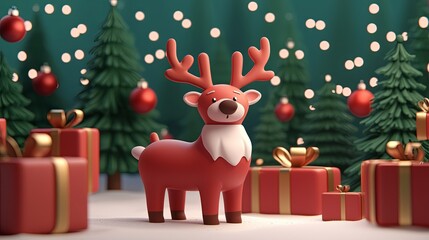 A cheerful, festive reindeer figurine stands among gifts and decorated trees, embodying the joy of the holiday season.