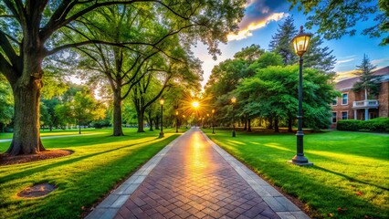 Serene Empty College Campus View with Pathway and Lush Greenery Under Clear Blue Sky in Daylight