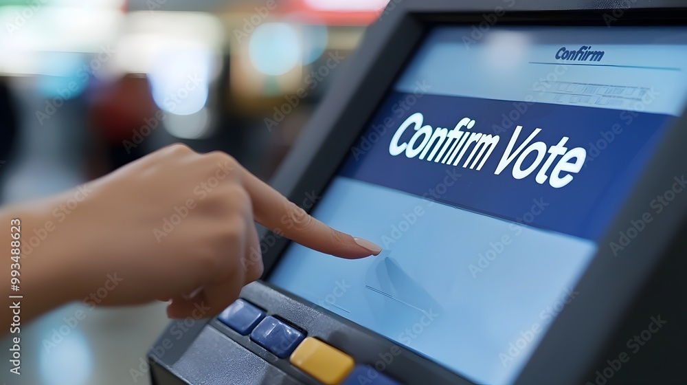 Poster fingers tapping confirm vote button on electronic voting machine