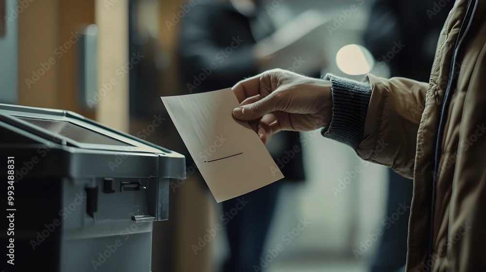 Poster hand dropping mail-in ballot into official election dropbox for vote submission