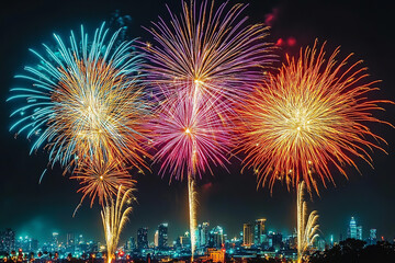 Colorful Fireworks Show for New Year's Over City Skyline  