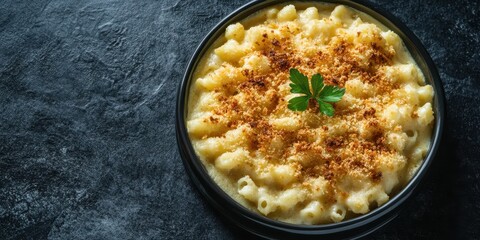 Delicious creamy macaroni and cheese topped with crispy breadcrumbs, perfect for comfort food lovers.