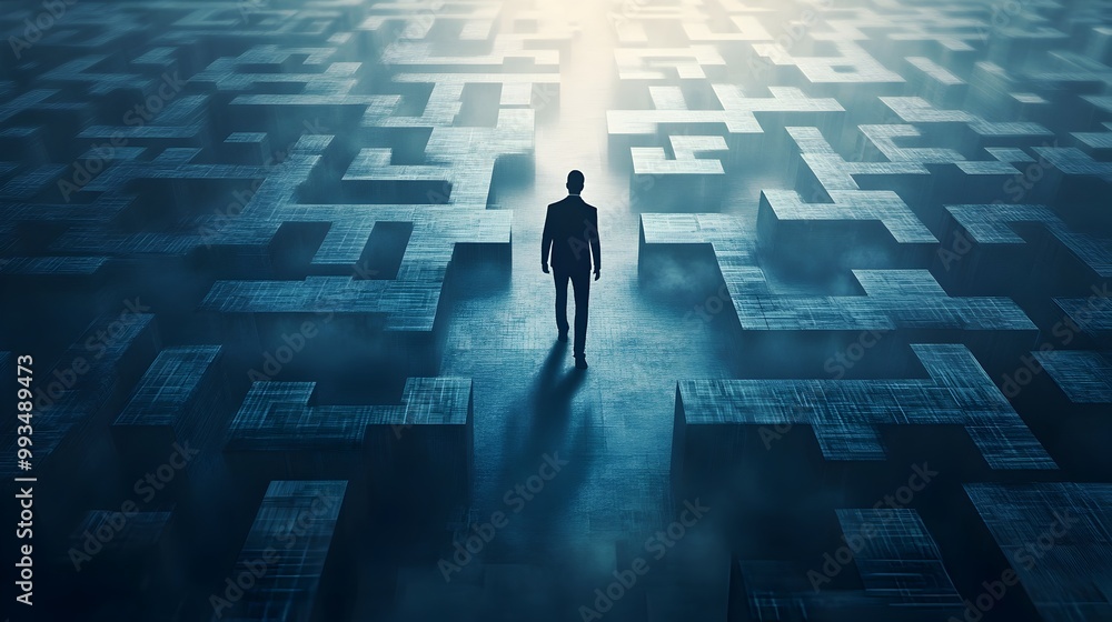 Aufkleber silhouette walking through a maze of floating digital ideas representing the path to business