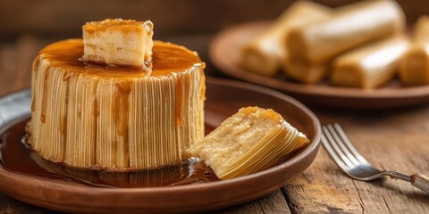 Delicious dessert served on a wooden table, featuring a sweet caramel flan with a slice ready to enjoy.
