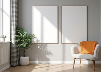 Fototapeta premium white mockup frame, interior Red and blue walls shelving, geometric shapes, plants, and natural light flow