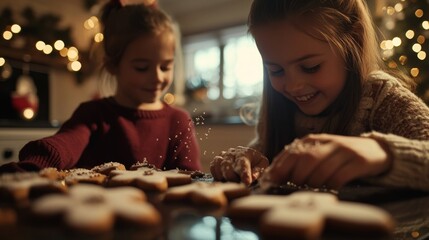 Two girls decorated cookies together, enjoying a festive moment of joy. The kitchen is warm and cozy, filled with holiday spirit.