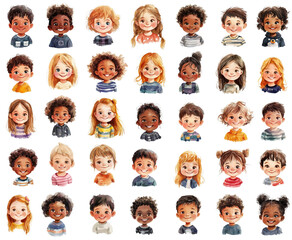 Collection of watercolor cartoon happy kids faces clipart, multinational smiling children faces clip art, kids heads
