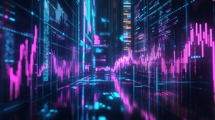 Obraz premium Dystopian Future of Economic Decline: Price Drop and Holographic Crisis in Neon Digital Business Struggle
