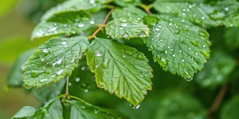 A close-up of leaves with water droplets clinging to them