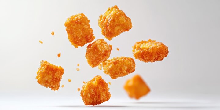 Delicious golden tater tots floating in the air, showcasing a crispy texture and savory appeal for snack lovers.