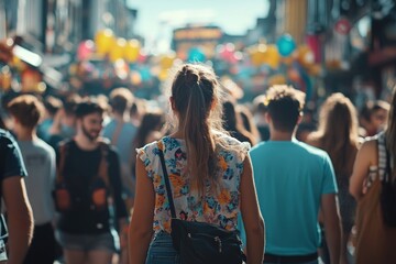Fototapeta premium A vibrant street filled with people and colorful balloons, showcasing a lively atmosphere and joyful interactions.