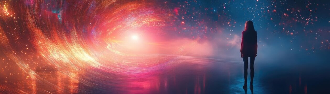 A captivating rear view of a storyteller weaving narratives through futuristic light patterns, vibrant colors, mystique