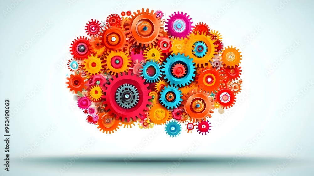 Poster colorful gears and cogs forming an abstract brain symbolizing creativity and business idea