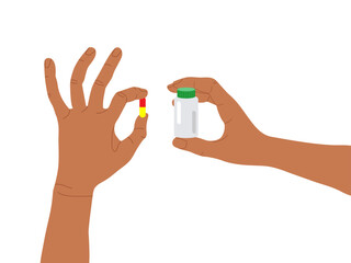 Human Hands holding medicine bottle and Pill Capsule. Pharmaceutical product. Vitamin, suplement, pill. Vector graphic. Medicament or vitamins. Pharmacy, drug store, medicine. Medical and healthcare