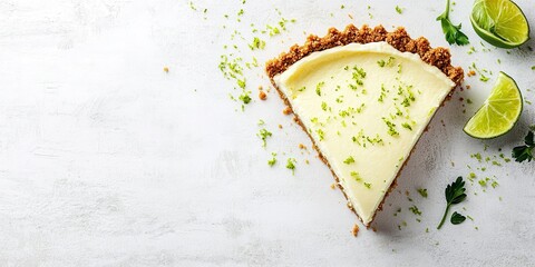 Delicious key lime pie slice with a crumb crust, garnished with lime zest and fresh lime wedges on a marble background.