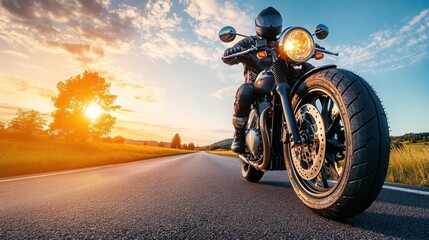 Fototapeta premium Motorcyclist Riding on a Country Road at Sunset