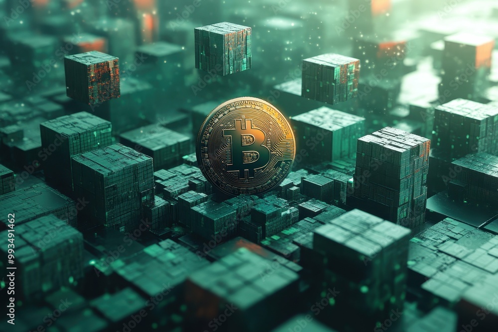 Aufkleber a digital coin surrounded by interconnected gears symbolizing the mechanics of blockchain technology