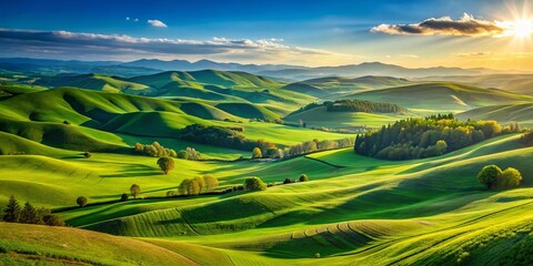 Serene Landscape Background with Rolling Hills, Lush Green Fields, and a Clear Blue Sky Above