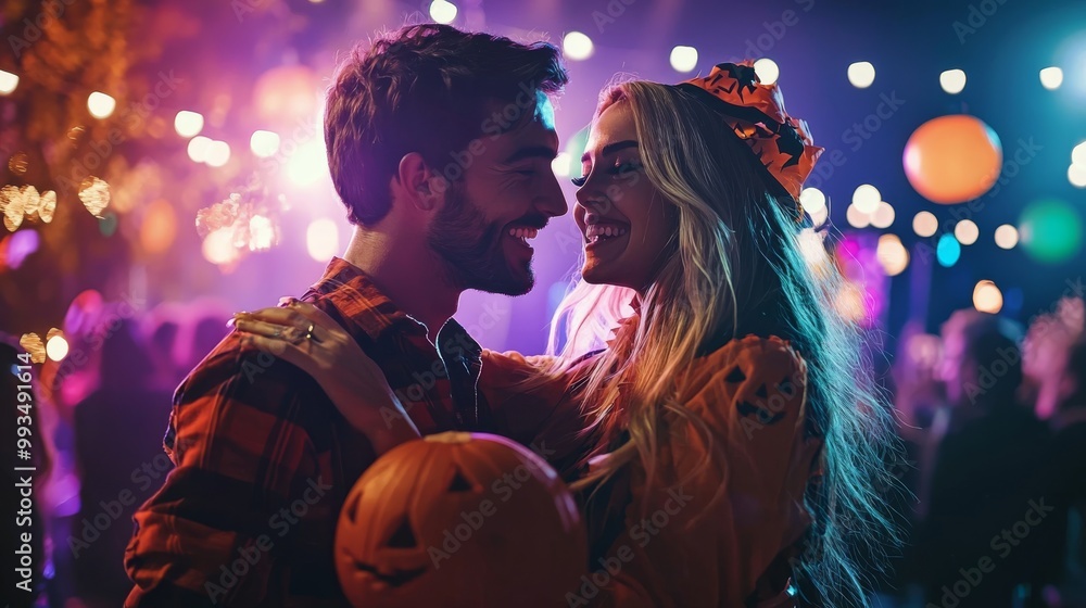 Wall mural spooky love: couple in matching halloween costumes dancing joyfully at live concert with colorful st