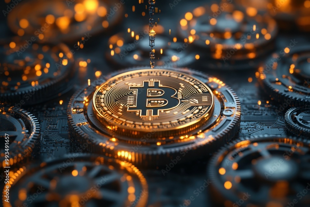 Poster a digital coin surrounded by interconnected gears symbolizing the mechanics of blockchain technology