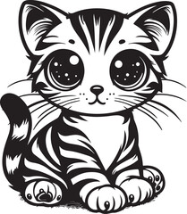 Obraz premium Cute kitten illustration, black and white vector art, big eyes, playful pose, stylized stripes, cartoon style