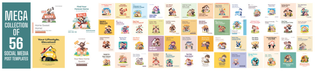 Fototapeta premium Mega collection of 56 social media post design template. Used for property agent advertising