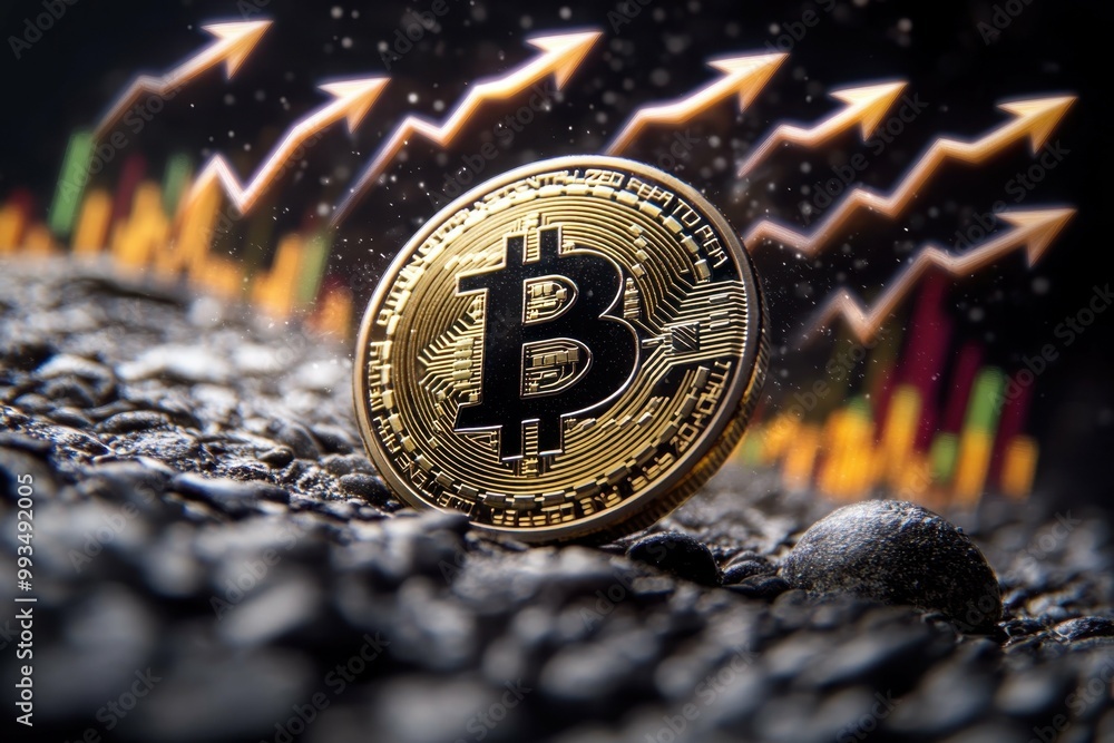 Poster a digital coin with abstract arrows pointing upward symbolizing the growth and potential of cryptocu