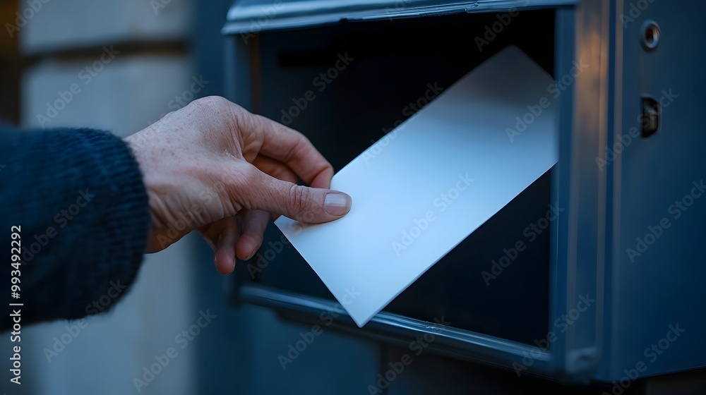 Poster hand dropping sealed ballot into mailbox for secure mail-in voting