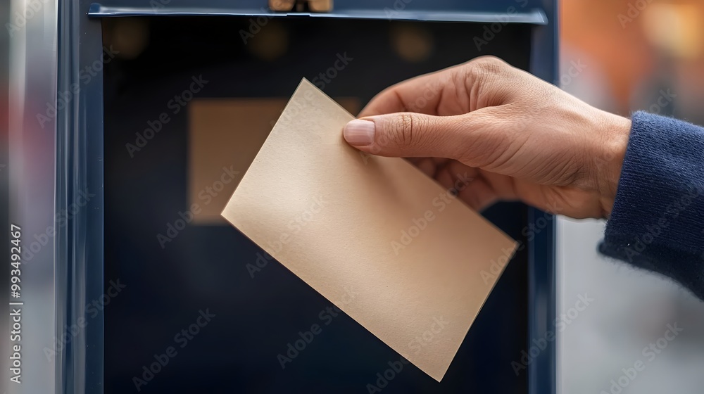 Poster hand dropping sealed ballot into mailbox for secure mail-in voting process