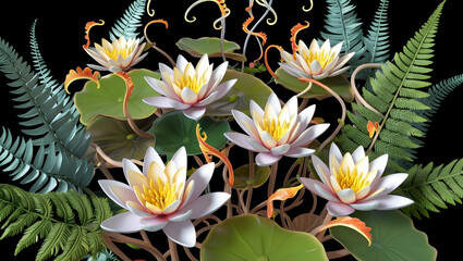 Fototapeta premium Elegant white lotus flower with bright yellow pistils. These flowers are surrounded by lush green leaves and lush ferns