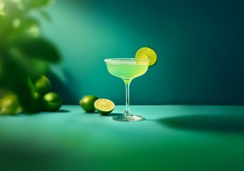 A green cocktail in a glass with a lime wedge on the rim, a few limes and a blurred green backdrop.
