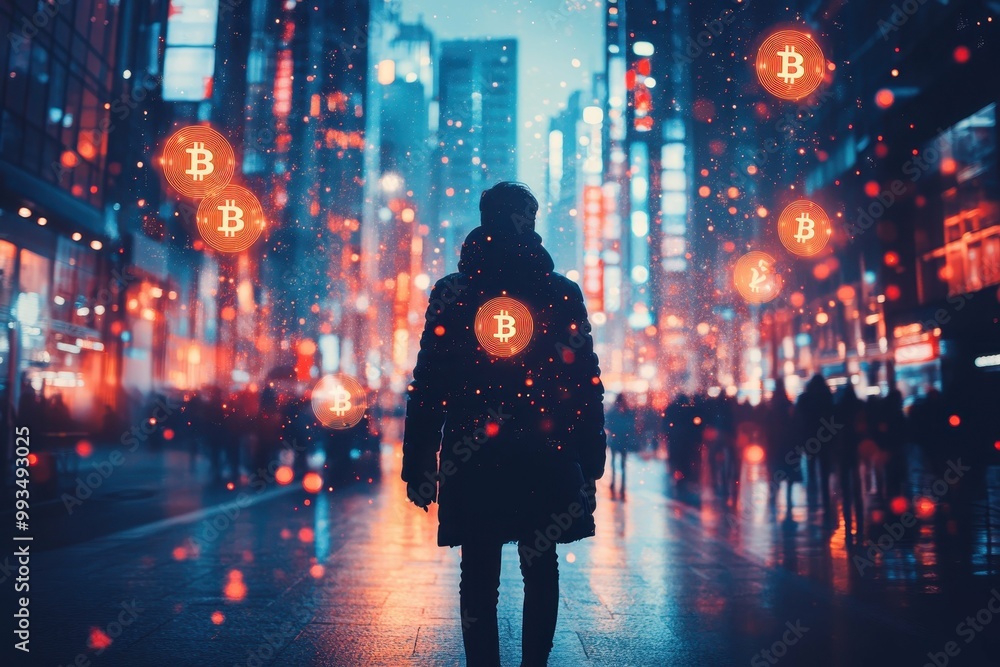 Poster a person walking through a city with digital coin symbols floating around them symbolizing the integ
