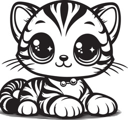 Obraz premium Cute kitten illustration, black and white vector art, big eyes, playful pose, stylized stripes, cartoon style