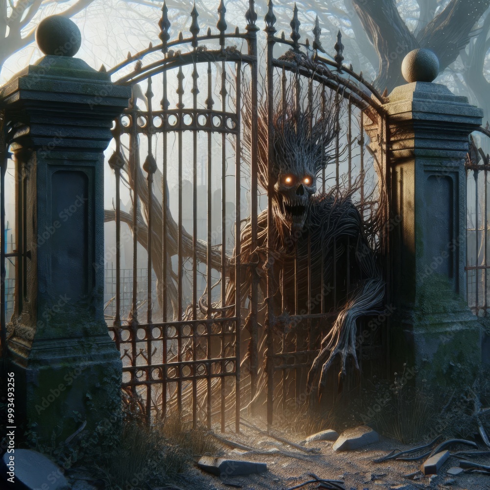 Poster a twisted, tree-like creature with glowing eyes peers menacingly through an old iron gate in a misty